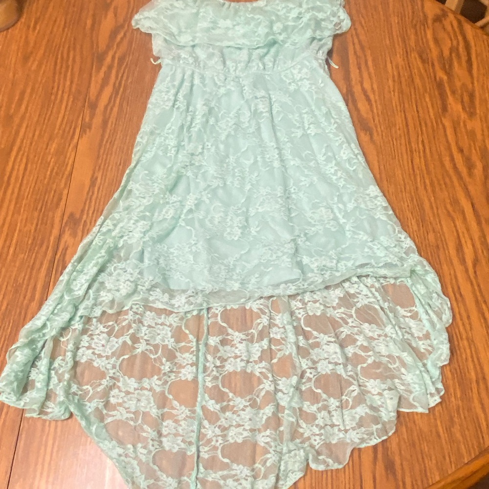 Green High-Low Tiered Sundress with Flutter Cap Sleeves